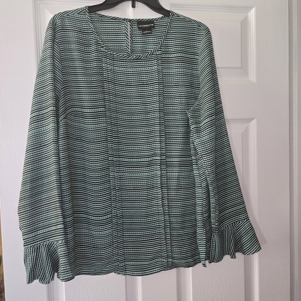 Liz Claiborne Mint and Black Striped Long-Sleeve Blouse